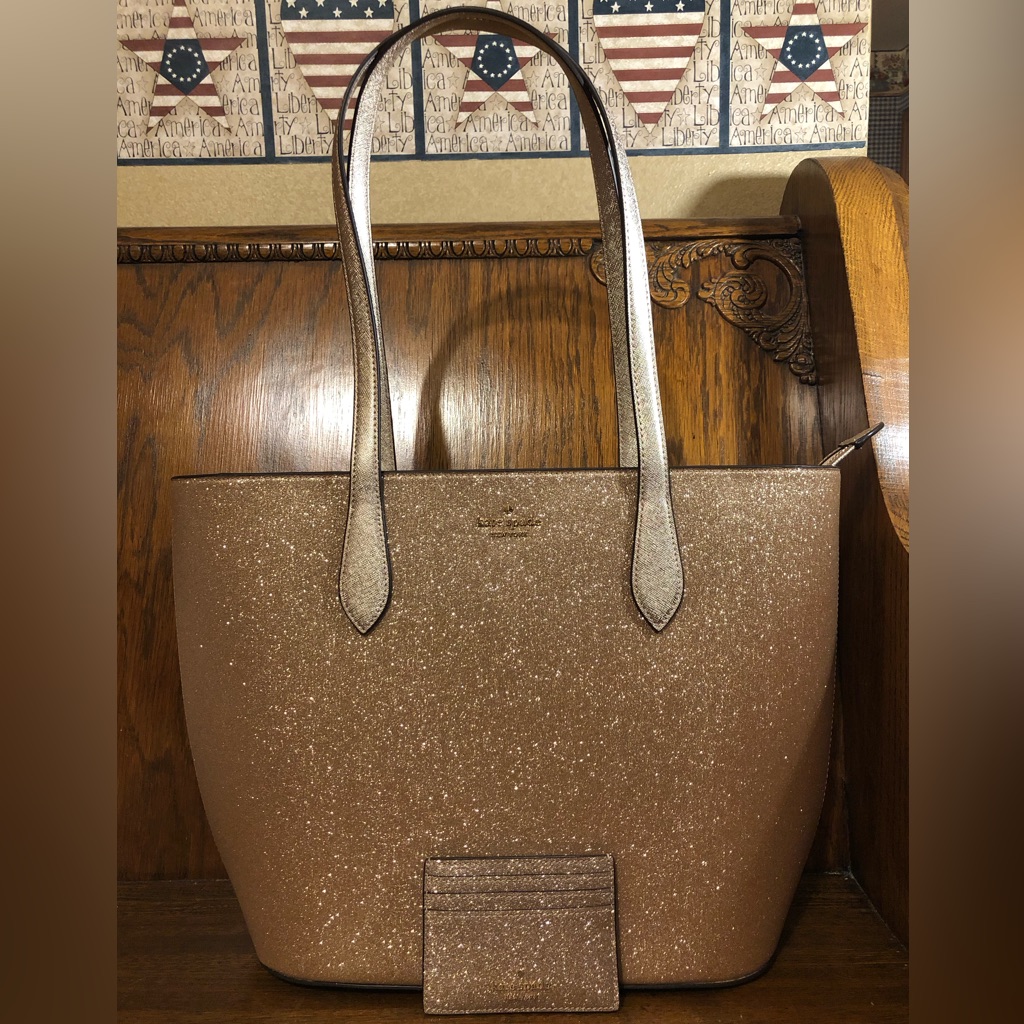 Nwt-Kate Spade-Set-Large Glitter Tote & Small Card Holder-Rose Gold-$428